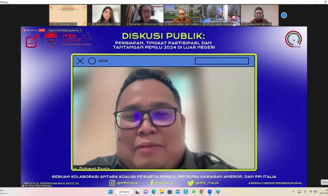 Ketua Bawaslu Rahmat Bagja saat menjadi narasumber dalam Diskusi Publik kerja sama Koalisi Pewarta Pemilu dan Perhimpunan Pelajar Indonesia Italia, Jumat (20/1/2023)