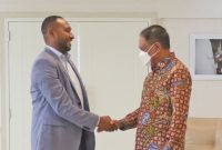 Manajer Persipura Jayapura Yan Mandenas bersama perwakilan klub Liga 2 saat bertemu dengan Menpora Zainudin Amali, di Gedung Kemenpora, Senayan, Jakarta, Senin (16/1/2023).