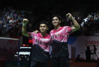 Ganda putra Indonesia Leo Rolly/Daniel Marthin usai menghadapi wakil Tiongkok He Ji Ting/ Zhou Hao Dong pada final Daihatsu Indonesia Masters 2023 di Istora Senayan, Jakarta, Minggu (29/1/2023).