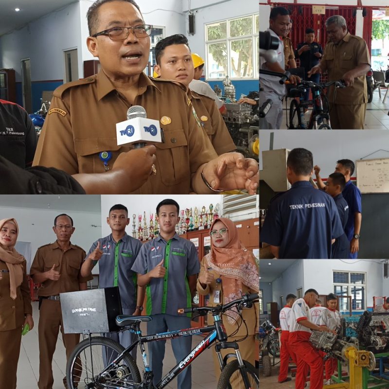 Kepala SMKN 2 Palembang, Suparman, dua siswa yang membuat inovasi sepeda listrik, dan kegiatan praktek kesiswaan