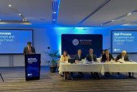 Menkum HAM RI Yasonna Laoly saat memberikan sambutan di Bali Process Government dan Bussiness Forum