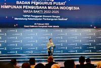 Presiden Jokowi memberikan sambutan pada Pelantikan BPP HIPMI Masa Bakti Tahun 2022-2025 di Hotel Kempinski, Jakarta Pusat, Jakarta, Senin (20/02/2023)