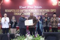 Ketua Bawaslu Rahmat Bagja memberikan dokumen saran perbaikan kepada Ketua KPU Hasyim Asy'ari dalam Rapat Pleno Penetapan Rekapitulasi DPS Nasional di Gedung KPU, Jakarta, Selasa (18/4/2023)