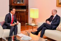 Presiden Jokowi diterima oleh Kanselir Jerman Olaf Scholz di Guesthouse Lower Saxony, Hannover, Jerman, Minggu (16/04/2023). (Foto: BPMI Setpres)