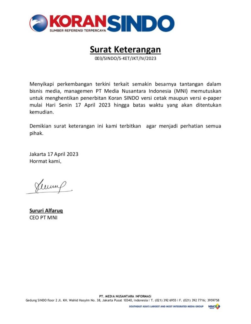 Surat keterangan penghentian penerbitan koran SINDO dan versi e-paper