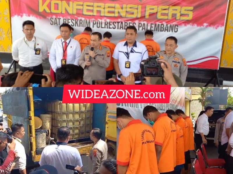 Keterangan Kapolrestabes Palembang Kombes Pol Harryo Sugihartono dengan awak media terkait penangkapan 11.015 liter [11 ton] BBM jenis Solar bersubsidi yang diangkut dengan tiga unit truk Mitsubishi Colt Diesel, termasuk lima tersangka. 