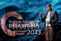Menparekraf RI, Sandiaga Salahuddin Uno saat sambutan pada malam Anugerah Desa Wisata Indonesia (ADWI) 2023 