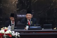 Ketua MPR RI, Bambang Soesatyo dalam sidang tahunan MPR di Gedung Nusantara Kompleks Parlemen Senayan, Jakarta, Rabu (16/8/2023)