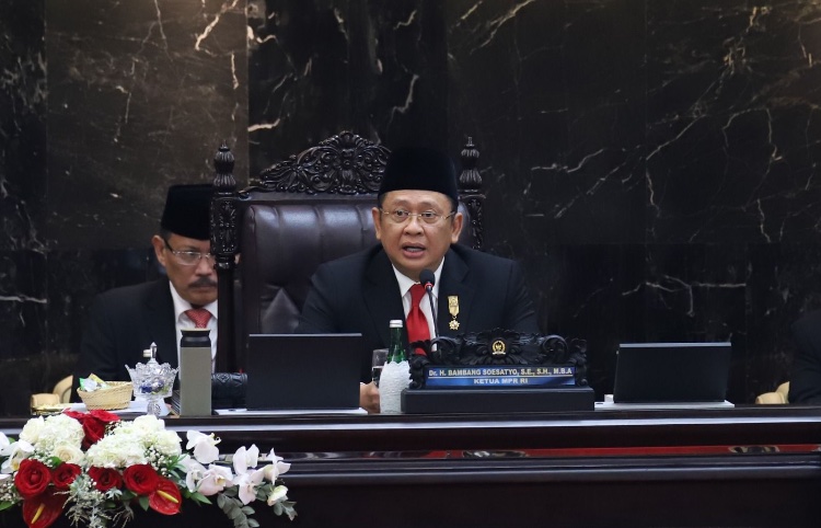 Ketua MPR RI, Bambang Soesatyo dalam sidang tahunan MPR di Gedung Nusantara Kompleks Parlemen Senayan, Jakarta, Rabu (16/8/2023)
