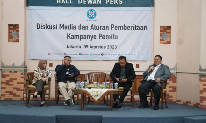 Ketua Bawaslu Rahmat Bagja saat menjadi narasumber diskusi dengan tema Pengawasan Kampanye dan Berita Pemilu di Kantor Dewan Pers, Rabu (9/8/2023)