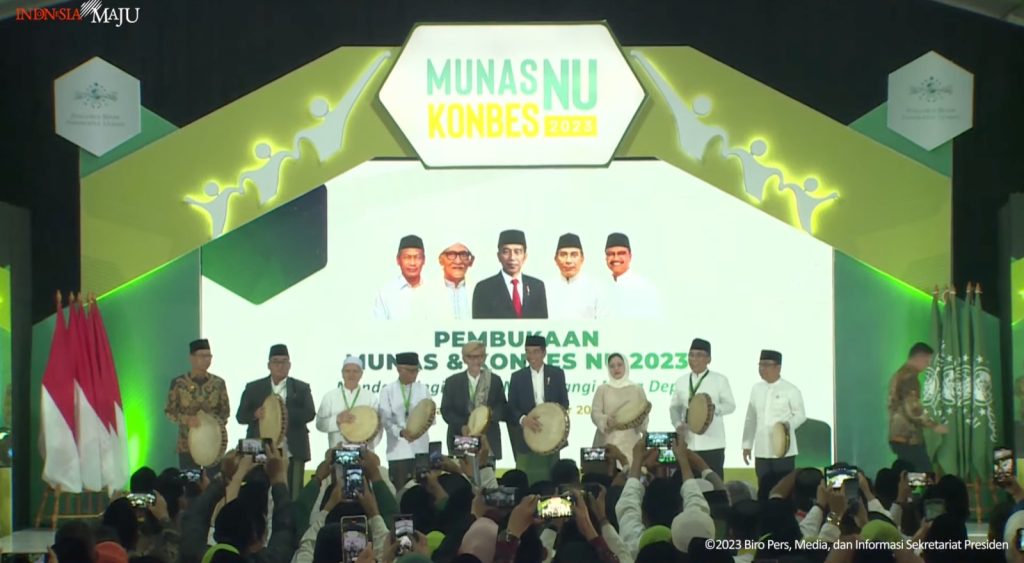 Presiden Jokowi saat membuka Munas-Konbes NU 2023, Senin (18/09/2023), di Jakarta. (Sumber: Tangkapan Layar)