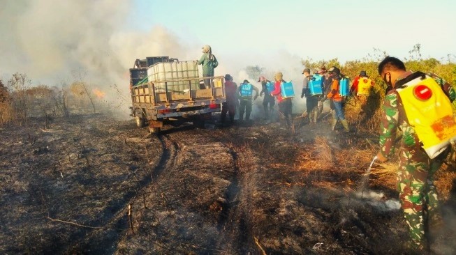 Petugas memadamkan api yang membakar hutan Taman Nasional Way Kambas (TNWK), Sabtu (23/9/2023).(Foto: Lampungpro)
