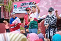 Menparekraf Sandiaga Salahuddin Uno saat sambutan nya usai berolahraga pagi di GOR H. Agus Salim, Padang, Sabtu (9/9/2023)