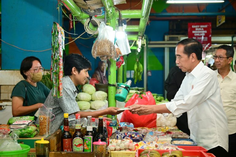 Presiden Jokowi meninjau harga dan pasokan sejumlah komoditas pangan di Pasar Jatinegara, Jakarta Timur, Selasa (19/09/2023) pagi. (Foto: BPMI Setpres)