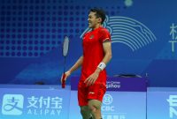 Pebulutangkis tunggal putra Indonesia Jonatan Christie saat bertanding melawan Lee Yun Gyu (Korsel) pada babak perempat final, Jumat (29/9/2023) malam di Binjiang Gymnasium BDM, Hangzhou, Tiongkok