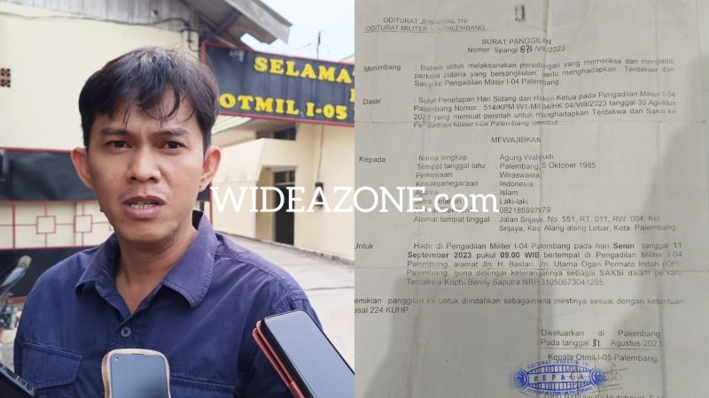 Agung Wahyudi warga Jalan Srijaya RT 011 RW 004 Kelurahan Sriwijaya Kecamatan Alang Alang Lebar dan Surat panggilan saksi dari Oditurat Militer 1-05 Palembang