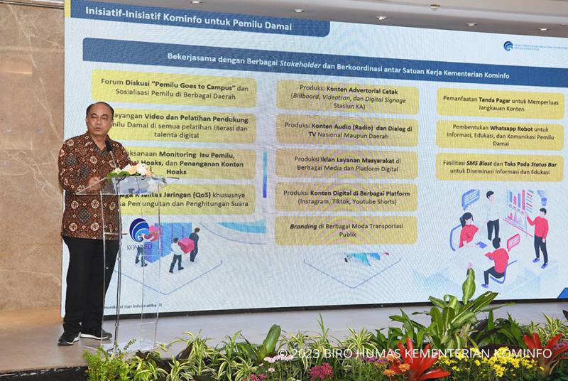 Menkominfo RI Budi Arie Setiadi saat jumpa media terkait Pemilu Damai 2024 di Hotel Borobudur, Jakarta Pusat, Senin (02/10/2023)