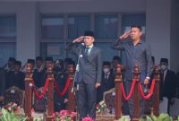 PJ Walikota Palembang H Ratu Dewa saat memimpin upacara peringatan Hari Kesaktian Pancasila di halaman kantor Sekretariat Daerah Palembang, Minggu 1 Oktober 2023.