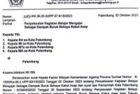 Surat Edaran Kanwil Kemenag Kota Palembang terkait pemberlakuan KBM Daring