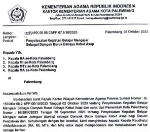 Surat Edaran Kanwil Kemenag Kota Palembang terkait pemberlakuan KBM Daring