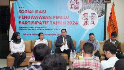 Anggota Bawaslu Herwyn JH Malonda  saat memberikan sambutan dalam Sosialisasi Pengawasan Partisipatif di Jakarta, Rabu (29/11/2023)