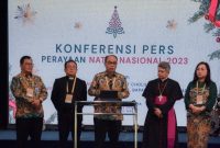 Menkominfo Budi Arie Setiadi saat konferensi pers perayaan natal nasional 2023 di Graha Bethany Nginden, Jawa Timur, Rabu (27/12/2023)