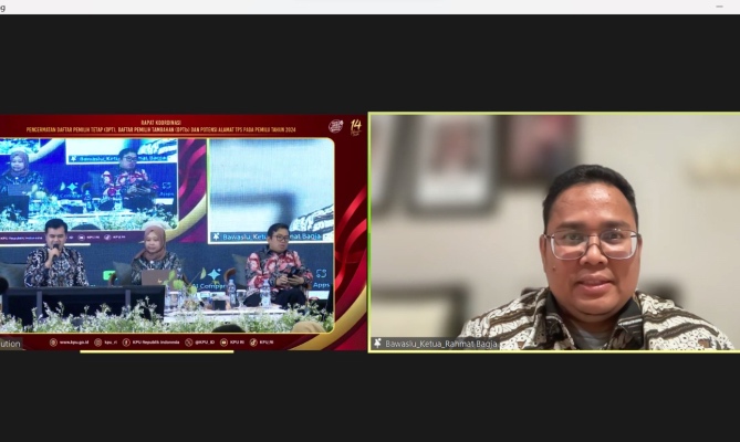 Ketua Bawaslu Rahmat Bagja saat diskusi Rapat Koordinasi Pencermatan DPT/DPTb dan Potensi Alamat TPS pada Pemilu 2024