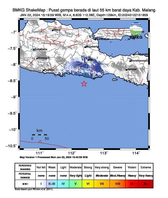 Lokasi gempa Magnitudo 4,4 di Kabupaten Malang, Jawa Timur, Senin (22/1/2024), pukul 15.19 WIB (Foto: Dok. BMKG)