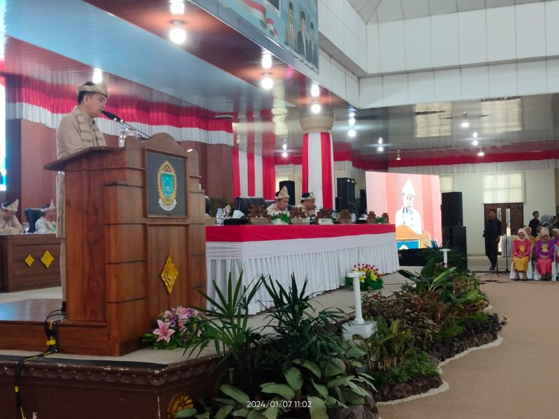 PJ Gubernur Sumsel Agus Fatoni menghadiri Rapat Paripurna HUT ke 20 Ogan Ilir yang bertajuk 'Dua Dekade Ogan Ilir Berkolaborasi Semakin Maju', berlangsung di Gedung Paripurna DPRD Kabupaten Ogan Ilir,  Kompleks Perkantoran Terpadu Tanjung Senai Indralaya , Minggu 7 Januari 2024.