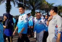 Bupati Ogan Ilir Panca Wijaya Akbar SH bersama Wakil Bupati [Wabup] H Ardani SH MH didampingi Ketua TP PKK OI Ibu Tikha Alamsjah Panca Wijaya BA [Hons], Ketua I TP PKK OI Ibu Hj Faizah Ardani, Forkopimda, Sekda OI menggelar 'Jalan Santai dan Senam Bersama' dalam kemeriahan peringatan hari ulang tahun [HUT] ke 20 Kabupaten Ogan Ilir, berlangsung di KPT Tanjung Senai Indralaya, Jumat 6 Januari 2024.