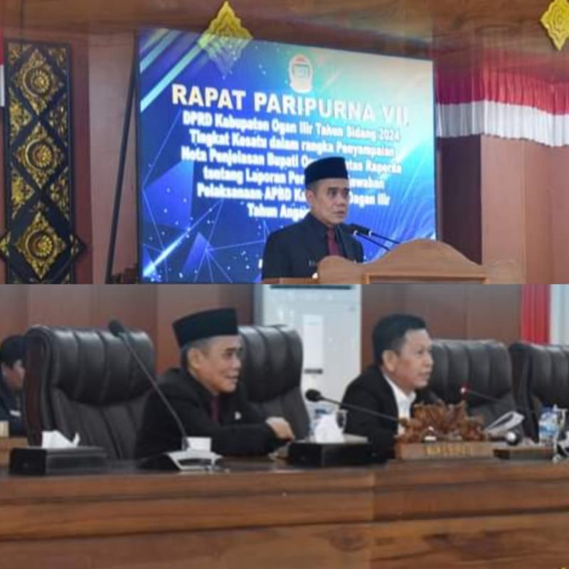Dewan Perwakilan Rakyat Daerah (DPRD) Kabupaten Ogan Ilir, menggelar rapat penyampaian laporan dan persetujuan bersama Bupati terhadap Rancangan Peraturan Daerah (Raperda) tentang pertanggung jawaban Pelaksanaan Anggaran Pendapatan dan Belanja daerah (APBD) 2023.
