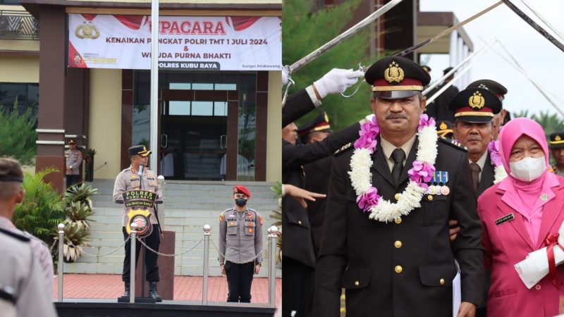 Kapolres AKBP Wahyu Jati Wibowo SIK SH MH memimpin upacara kenaikan pangkat bagi 15 personel serta pelepasan wisuda Purna Bhakti bagi tiga personel, berlangsung di Lapangan Apel Mapolres Kubu Raya