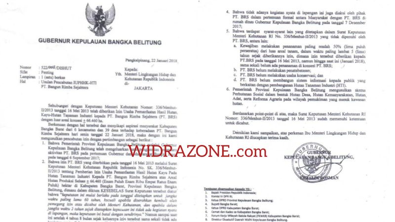 Selain surat usulan yang dikirimkan pada Mei 2022, Erzaldi juga mengajukan usulan pencabutan izin HTI PT BRS pada tanggal 22 Januari 2018.