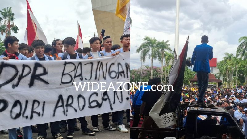 Gelaran aksi demonstrasi ratusan mahasiswa dari berbagai Universitas di Palembang di depan Kantor DPRD Sumsel. Senin 1 September 2025.