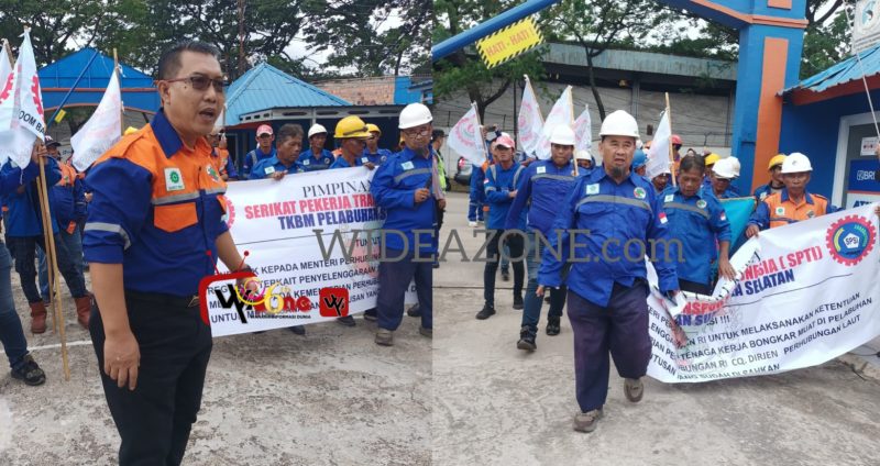 Para pekerja Koperasi TKBM Palembang menggelar aksi unjuk rasa di halaman kantor Kesyahbandaran dan Otoritas Pelabuhan [KSOP] Kelas I Palembang.