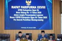 Dewan Perwakilan Rakyat Daerah Kabupaten Ogan Ilir [DPRD OI] menggelar Rapat Paripurna ke-XXVIII dengan agenda Penyampaian Laporan Reses I Anggota DPRD per Daerah Pemilihan [Dapil], Senin 26 Januari 2026.