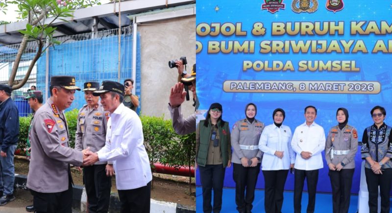 Wali Kota Palembang, Ratu Dewa menyambut kedatangan Kapolri Jenderal Kapolri Jenderal Pol Listyo Sigit Prabowo saat akan memimpin Apel Kamtibmas 5000 pengemudi ojek online [ojol] dan elemen buruh di Stadion Gelora Sriwijaya, Minggu 8 Maret 2026.