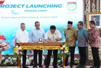 Gubernur Sumsel Dr H Herman Deru saat Project Launching Pelabuhan Palembang Baru di Tanjung Carat, Kabupaten Banyuasin, yang digelar di Griya Agung, Kamis 9 April 2026.
