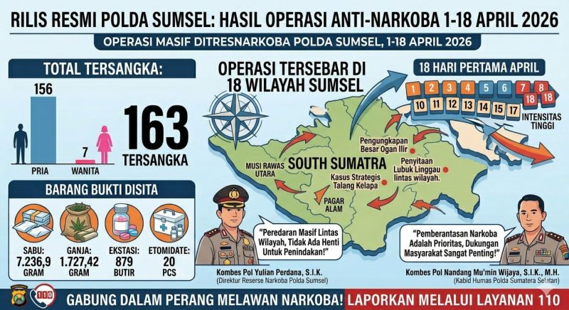 Skema Direktorat Narkoba Polda Sumsel dalam pemberantasan masif narkotika di wilayah Sumsel dari 1 hingga 18 April 2026.