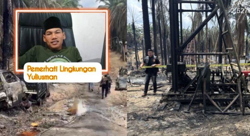 Kondisi sumur minyak ilegal pasca kebakaran hebat di lahan HGU PT Hindoli Musi Banyuasin dan Foto Pemerhati Lingkungan Yuliusman.