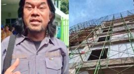 Koordinator AP-BKB, Vebri Al Lintani, dan bangunan 7 Lantai RS Ak Gani Palembang.