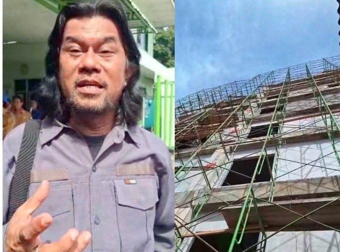 Koordinator AP-BKB, Vebri Al Lintani, dan bangunan 7 Lantai RS Ak Gani Palembang.