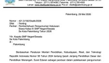 Surat imbauan Dinas Pendidikan Kota Palembang Nomor 421.3/192/Disdik/2026 tentang Pengumuman Kelulusan Siswa Kelas IX SMP Negeri dan Swasta se-Kota Palembang Tahun 2026. [Foto Hasan Basri-WI]