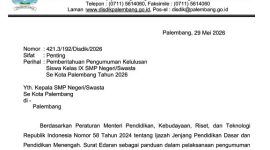 Surat imbauan Dinas Pendidikan Kota Palembang Nomor 421.3/192/Disdik/2026 tentang Pengumuman Kelulusan Siswa Kelas IX SMP Negeri dan Swasta se-Kota Palembang Tahun 2026. [Foto Hasan Basri-WI]