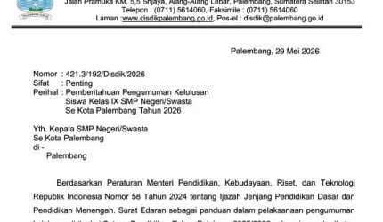 Surat imbauan Dinas Pendidikan Kota Palembang Nomor 421.3/192/Disdik/2026 tentang Pengumuman Kelulusan Siswa Kelas IX SMP Negeri dan Swasta se-Kota Palembang Tahun 2026. [Foto Hasan Basri-WI]