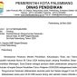 Surat imbauan Dinas Pendidikan Kota Palembang Nomor 421.3/192/Disdik/2026 tentang Pengumuman Kelulusan Siswa Kelas IX SMP Negeri dan Swasta se-Kota Palembang Tahun 2026. [Foto Hasan Basri-WI]