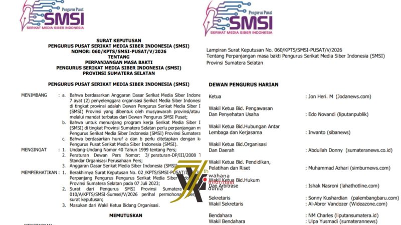SK SMSI Pusat untuk Kepengurusan SMSI Sumsel