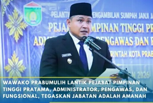Wakil Wali Kota Prabumulih Franky melantik dan mengambil sumpah janji jabatan bagi Pejabat Pimpinan Tinggi Pratama, Administrator, Pengawas, dan Fungsional di lingkungan Pemkot, Minggu 24 Mei 2026.