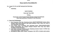 Surat Edaran Wali Kota Palembang 33/2026 tentang Penyesuaian Jadwal Kegiatan Belajar Mengajar sebagai Dampak Buruk Kabut Asap bagi Satuan Pendidikan di Kota Palembang.