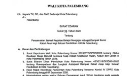 Surat Edaran Wali Kota Palembang 33/2026 tentang Penyesuaian Jadwal Kegiatan Belajar Mengajar sebagai Dampak Buruk Kabut Asap bagi Satuan Pendidikan di Kota Palembang.